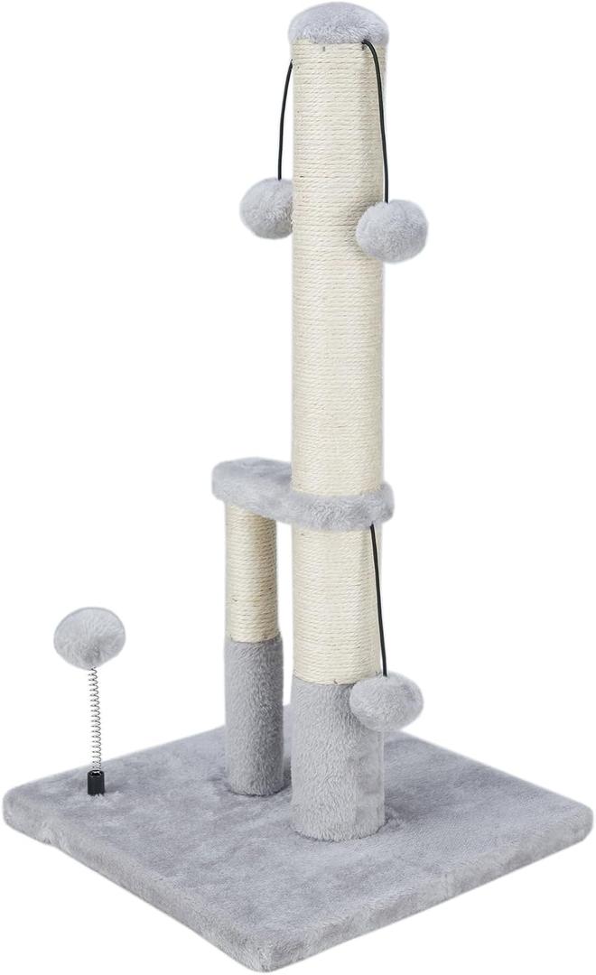 Dimaka Tall Cat Scratching Post, Double Lower Posts Extra Stable Cat Post Tree Scratcher with Sisal Rope and Teasing 4 Balls Total Large Base (Grey)