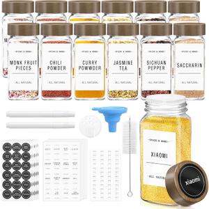 ZEHIQ 12Pcs Glass Spice Jars with Acacia Wood Lids, 4 oz Square Seasoning Containers with Labels, Seasoning Jars with Shaker Lids, Chalk Pen, Funnel, Cleaning Brush, Spice Bottles for Cabinet, Drawer