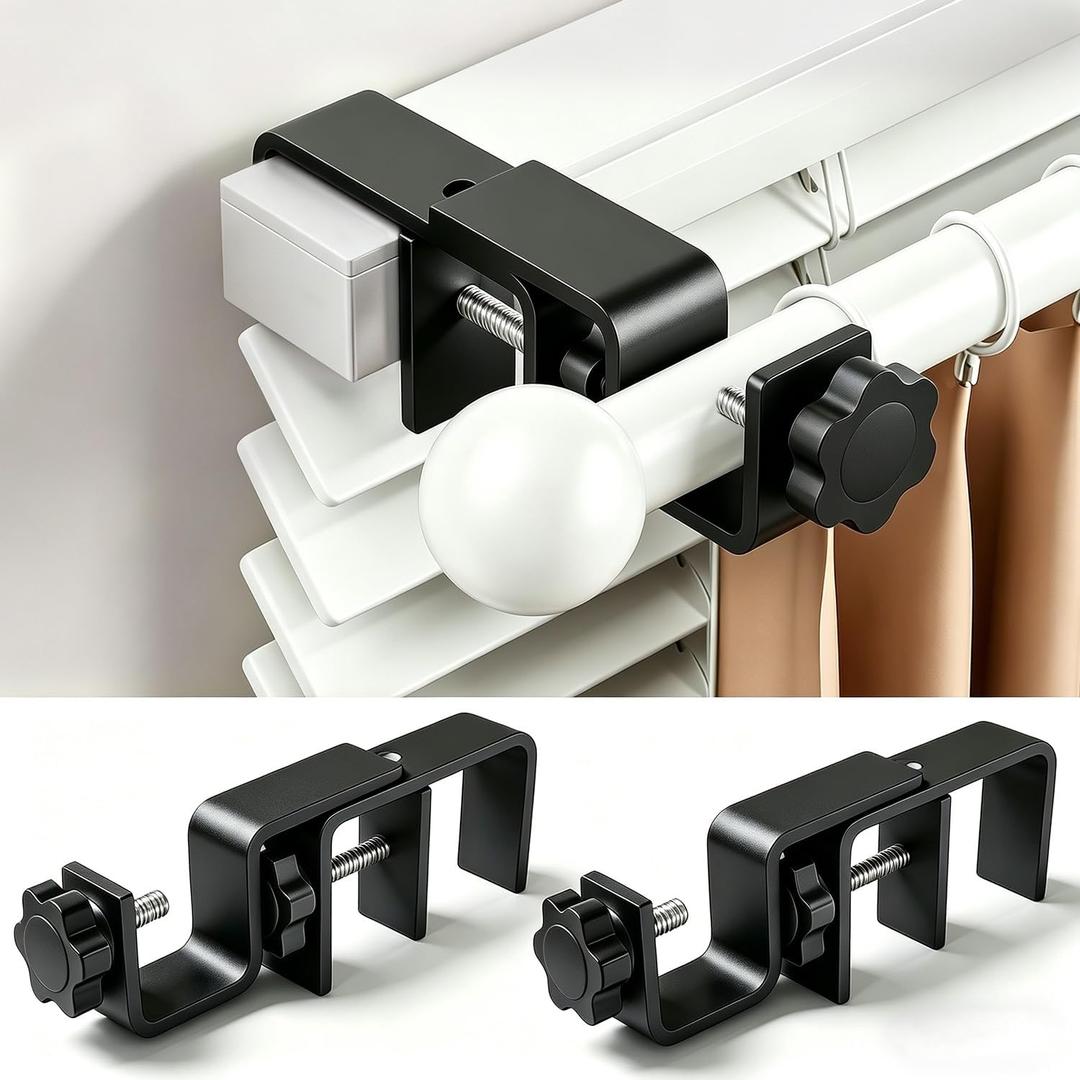 Over Blinds Curtain Rod Brackets for Outside Mounted, No-Drill Blinds Curtain Rod Holders for 1.3-2" Rectangular Headrails, Tool-Free & No Wall Damage, Apartment & Renter Friendly (Set of 2, Black)