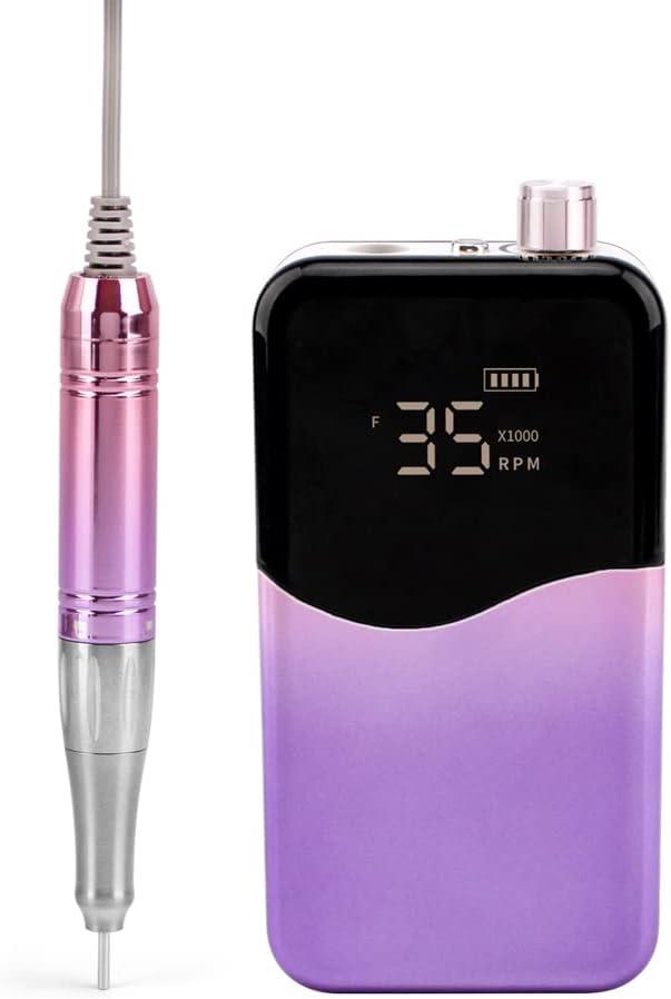 Professional 2 in 1 Rechargeable & Desktop Portable 35000 RPM HD Display Coreless Motor Acetone Resistant Manicure E File Nail Drill Machine (Gradient purple)