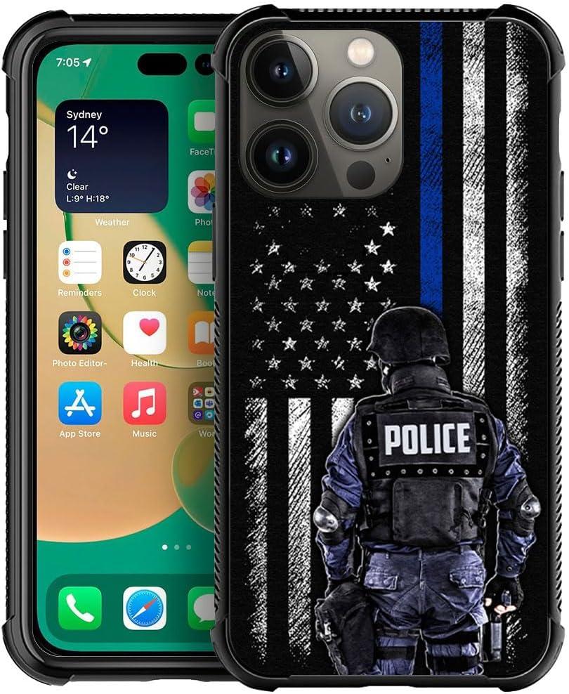 DJSOK Case for iPhone 14 Plus,Luxury Pattern Design Shockproof Rugged Cover,Cases for Man Woman-US Police Blue American Flag