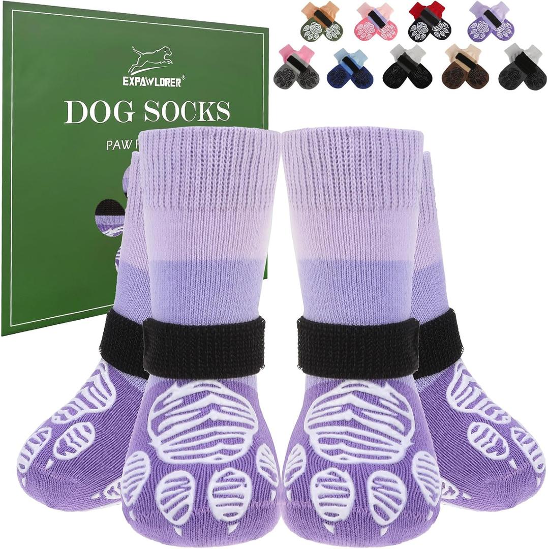 EXPAWLORER Anti Slip Dog Socks to Prevent Licking Paws, Dog Shoes for Cold Winter, Dog Booties for Hardwood Floors, Dog Boots & Paw Protectors with Grippers for Small Medium Large Senior Dogs XL (Purple)