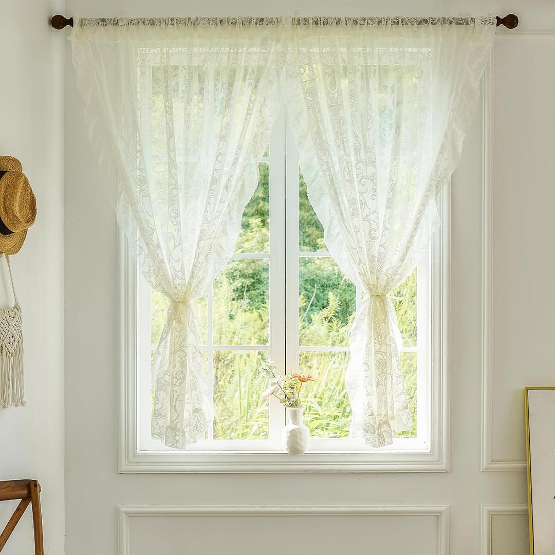 Lace Curtains 45 Inch Length - French Country Sheer Floral Curtains for Small Window Victorian Ruffle Privacy Rod Pocket Ivory Lace Decor Short 2 Panels, 59 x 45 Inch, Ivory