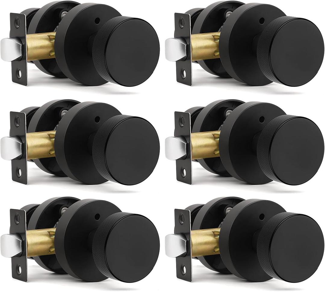 Orger Matte Black Privacy Door Knobs Interior, Zinc Alloy Keyless Black Door Knobs with Lock for Bedroom and Bathroom, Knurled Heavy Duty Round Base Modern Doorknobs, 6 Pack
