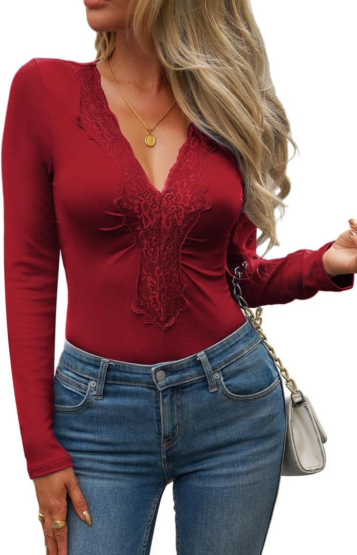 CiCiBird Womens Sexy Lace V Neck Long Sleeve Top Slim Fit Going Out Shirt 2025 Spring Fall Fashion Tee (Red, L)