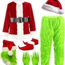 Vanfunny Green Monster Santa Claus Costume Set for Adults, 7PCS Christmas Santa Outfit Suit, Festive Xmas Halloween Cosplay Costumes (Green, AdultS/M)