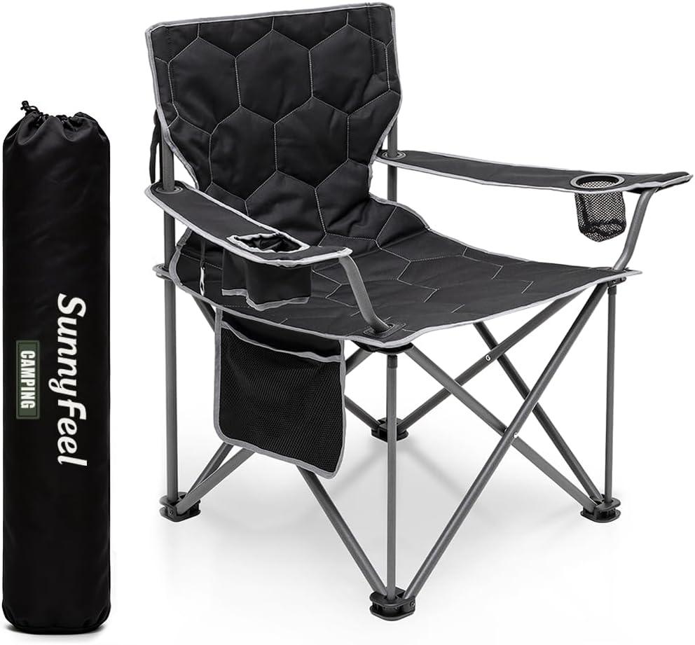 SUNNYFEEL Camping Chairs for Adults, Padded Oversized Camping Chair Heavy Duty 500LBS, Portable Lawn Chair with Cup Holder, Side Pocket&Bag for Outdoor Camping/Beach/Picnic/Fishing, Black