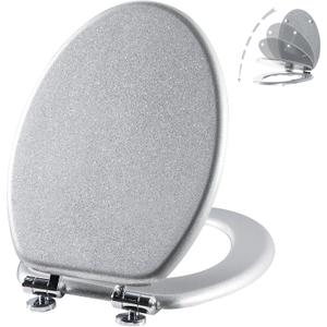 Angol Shiold Glitter Toilet Seat Molded Wood Elongated Toilet Seat with Quietly Close and Quick Release Hinges, Easy to Clean also Easy to Install (Elongated 18.5'', Silver)