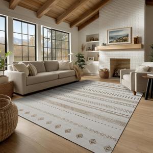 9x12 Area Rug Living Room Rugs, Boho Stain Resistant Washable Rug, Vintage Large Non-Slip Backing, Low Pile Lightweight Print Rug for Bedroom Dinning Room Home Office (Beige)