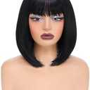 Sarensall Black Bob Wig With Bangs Short Straight Black Wigs for Women Natural Looking Synthetic Wigs for Daily Cosplay Costume Wig (Black,12 Inch)