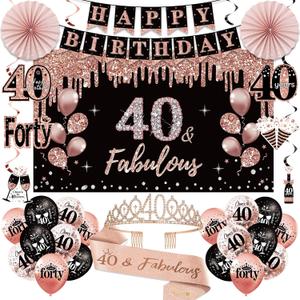 40th Birthday Decorations for Women, 33pcs Black Rose Gold Happy 40th Birthday Banner Crown and Sash Balloons Backdrop Hanging Swirls Paper Fans, 40 Years Old Party Supplies Kit