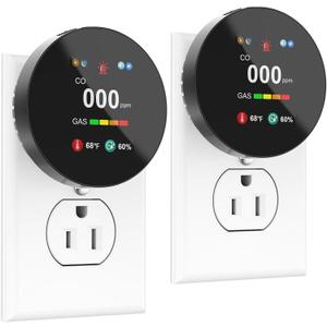 4in1 Carbon Monoxide & Gas Detector Plug in, Combination Natural Gas Leak & Carbon Monoxide Alarm, Dual Sensor CO & Gas Detector with Temperature & Humidity, 2 Packs