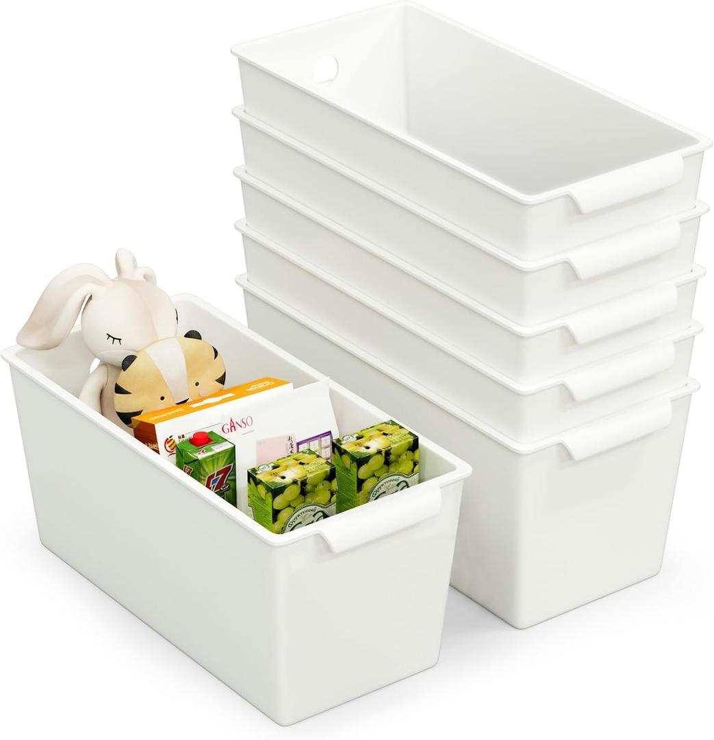 Plastic Storage Bins 6 Pack, Front Handle Design, 11"x5" Pantry Organization and Storage Open Top Baskets for Shelves Closet Cabinet Sink Counter Cupboard Drawer Rridge (White)