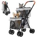 Double Pet Stroller for Dogs and Cats, One-Hand Folding Dog Stroller Travel Carriage for Small Medium Dogs Cats, 4 Wheels, Gray