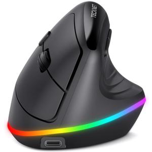 TECKNET RGB Rechargeable Wireless Ergonomic Mouse - USB+Bluetooth Multi-Device LED Vertical Mouse with 11 RGB Backlight Modes, 4800 DPI Adjustable, Ergo Mice for Windows and Mac, Black