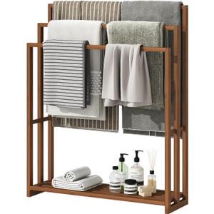 Standing Towel Rack for Bathroom, 39.4''H Bamboo Blanket Racks with Shelf