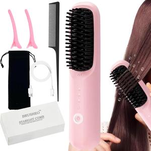Brusheo Hair Pro Cordless Hair Straightener Brush for Women, Ceramic Heater Surface, 3 Mode Settings, Travel Size, Pink (7.87 inches x 1.77 inches)