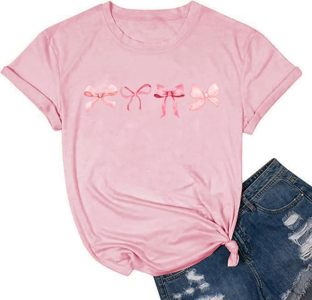 Bows Shirts for Women Cute Pink Bow Ribbon Aesthetic Coquette T-Shirt Short Sleeve Casual Summer Tee Top (Pink, M)