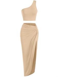 ZAFUL Women's Casual Sleeveless Summer Two Piece Outfits Crop Top and Side Split Draped Ruched Maxi Skirt Set Solid Suiting (L)