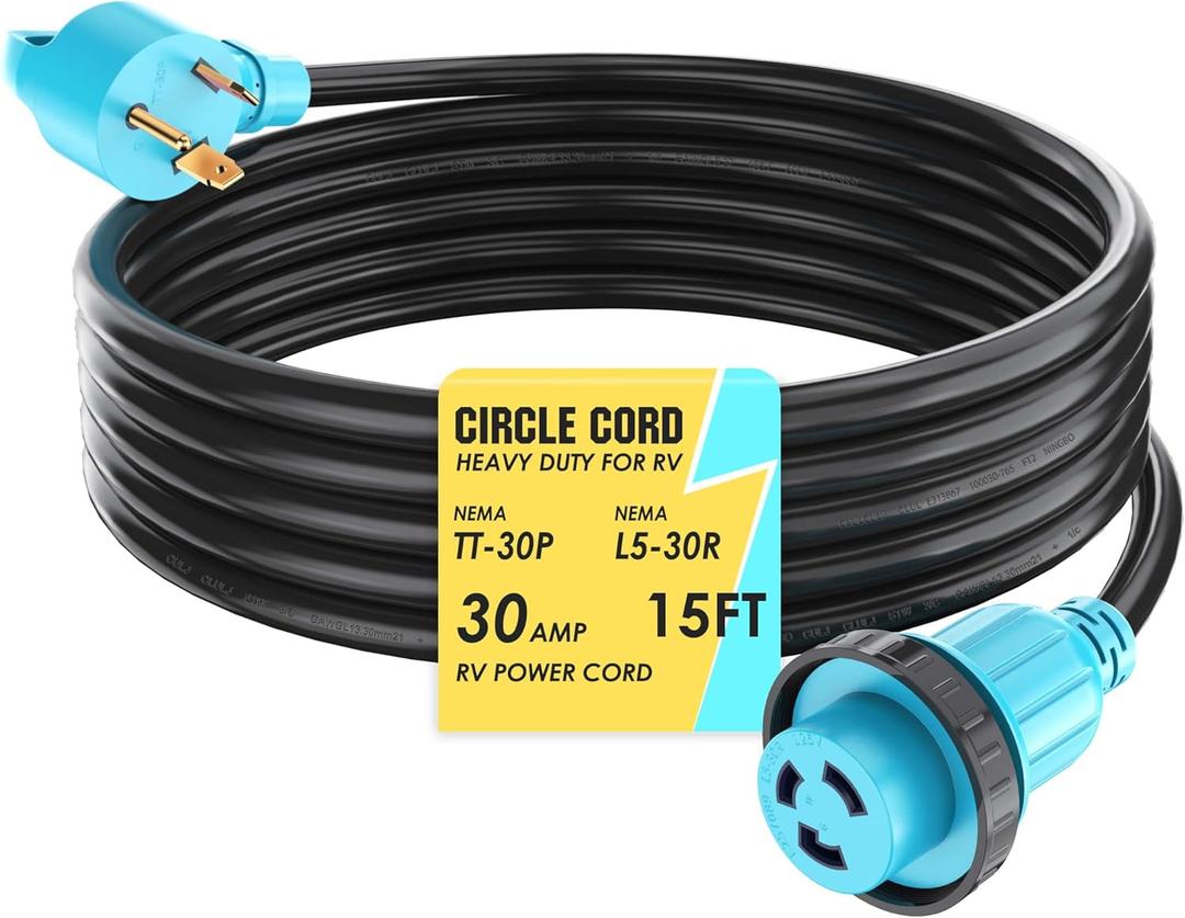 CircleCord 30 Amp 15 Feet RV Power Cord Twist Locking, Heavy Duty 10 Gauge 3 Wire STW Pure Copper Wire with Grip Handle, TT-30P to L5-30R with Cord Organizer for RV Trailer Campers