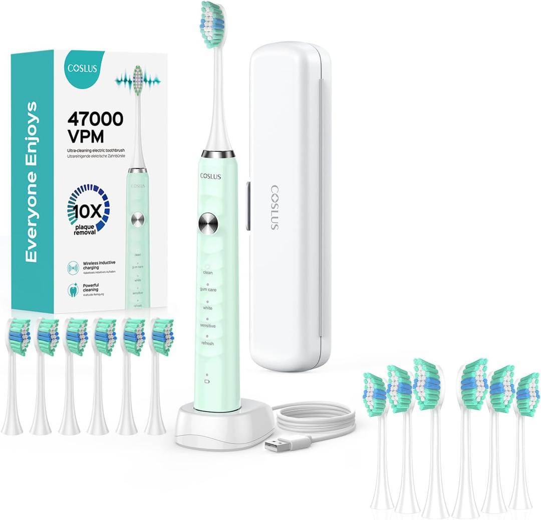 COSLUS Electric Toothbrush for Adults and Kids Green & Brush Refills Tips 6 Pack