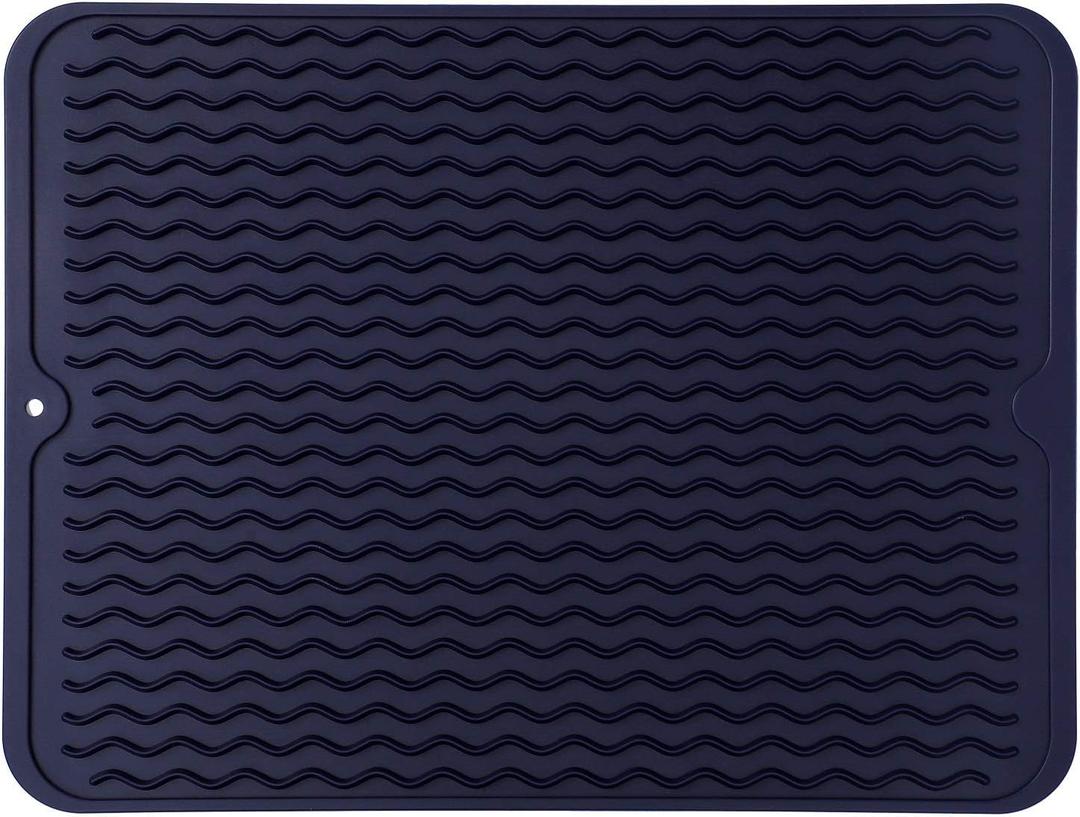 Silicone Dish Drying Mat for Multiple Usage,Easy clean,Eco-friendly,Heat-resistant Silicone Mat for Kitchen Counter or Sink,Refrigerator or drawer liner Navy Blue L 16 inches x 12 inches