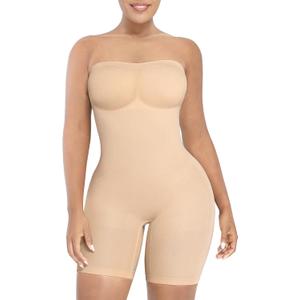SHAPELLX Women's Shapewear Bodysuits Tummy Control Butt Lifter Body Shaper Strapless Seamless Mid Thigh Jumpsuit Tops (3X-Large-4X-Large, A1-beige-pull on)