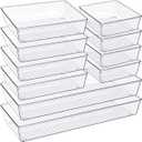 Criusia Drawer Organizer, 10 Pack Large Clear Plastic Set, 3 Size Versatile Bathroom and Vanity Organizer Trays, Storage Bins for Makeup, Bedroom, Kitchen Utensils