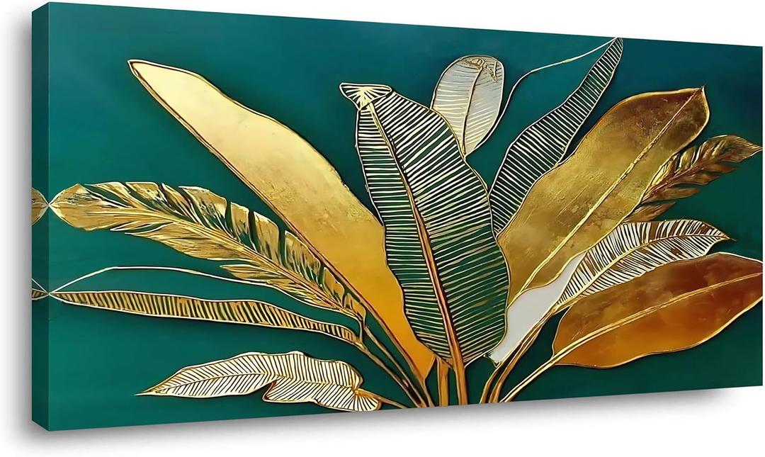 Green Leaf Wall Art, Green and Gold Leaves Wall Painting, Emerald Green Tropical Botanical Décor Canvas Prints, Abstract Sage Boho Painting for Office Home Décor, Ready to Hang 46L" x 23W"
