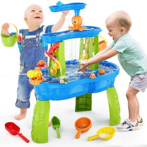 Water Table for Toddlers 3-5, 3-Tier Kids Splash Sand Table Water Toys, Rain Showers Splash Pond for Outdoor Beach Backyard Summer, Activity Sensory Play Table for Boys Girls