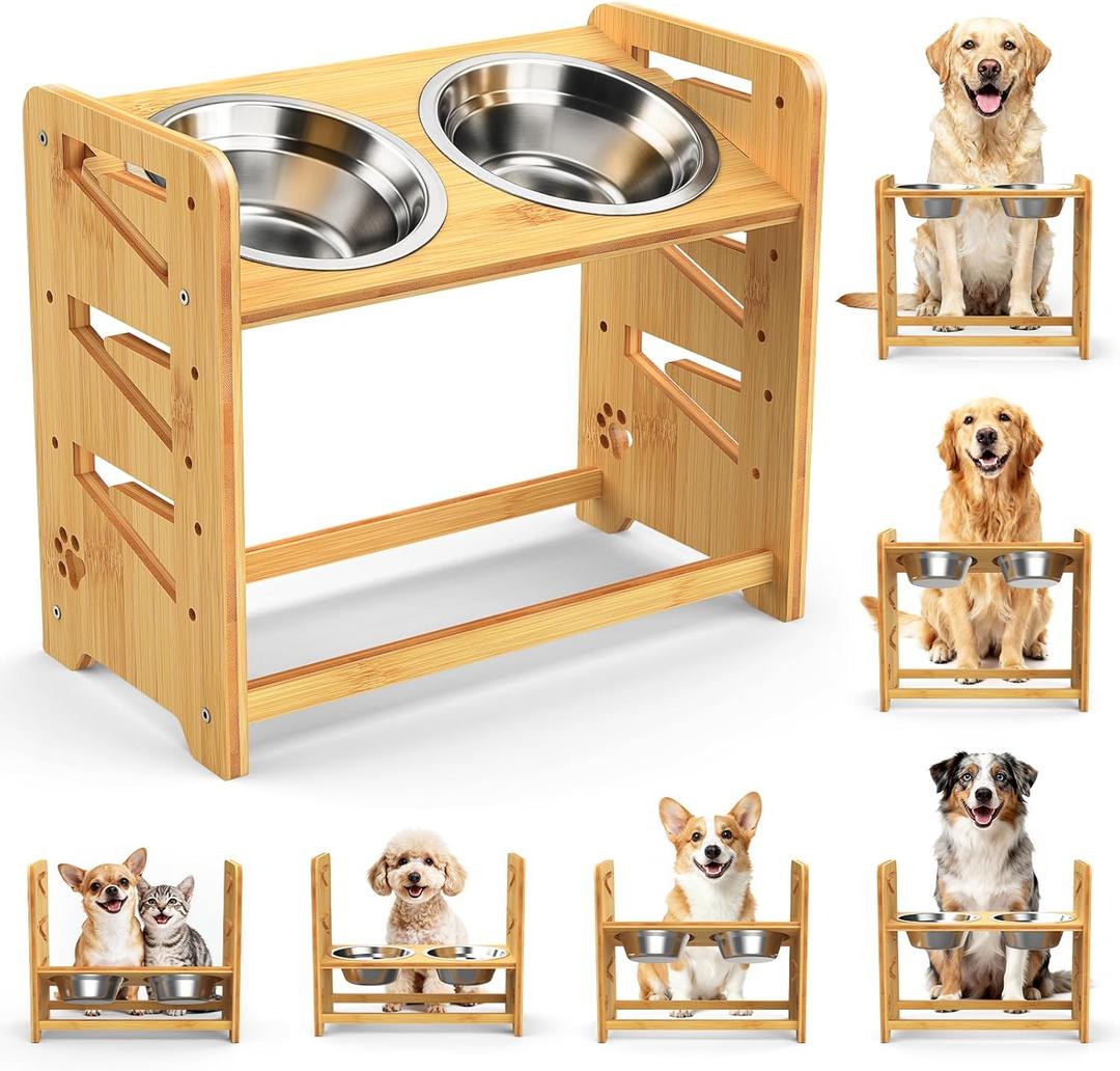 Elevated Dog Bowls, Adjustable Raised Dog Bowl Stand for Large and Medium Pet, 15" High Bamboo Pet Food Feeder with 2 Stainless Steel Dishes6 Heights