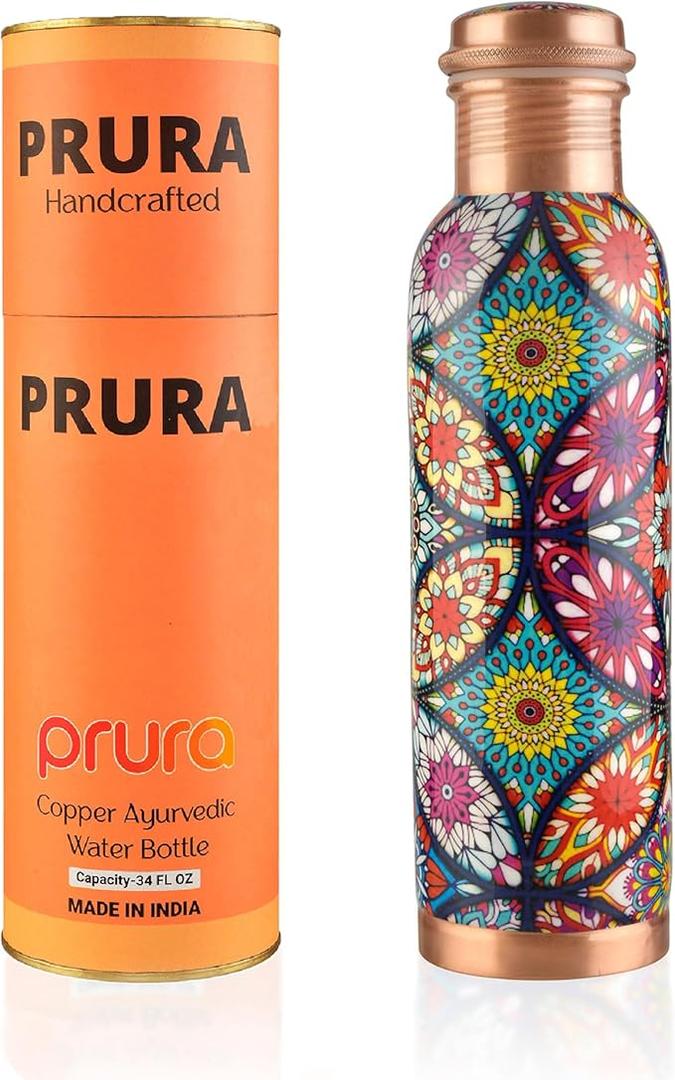 Pure Printed Copper Water Bottle 32 oz - Leak Proof Ayurvedic Drinkware Copper Vessel for Sports, Gym, Outdoors, Yoga, Health Benefits