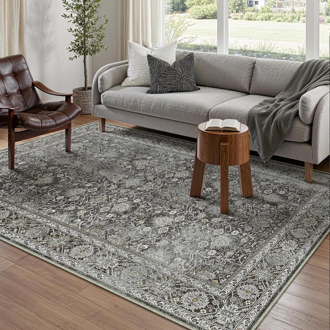 PureCozy Vintage Area Rug 4x6 Black Entryway Office Washable Carpet Non Slip Bedroom Indoor Living Room Door Mat Low Pile Traditional Distressed Retro Accent Rug for Dining Room Bathroom Kitchen