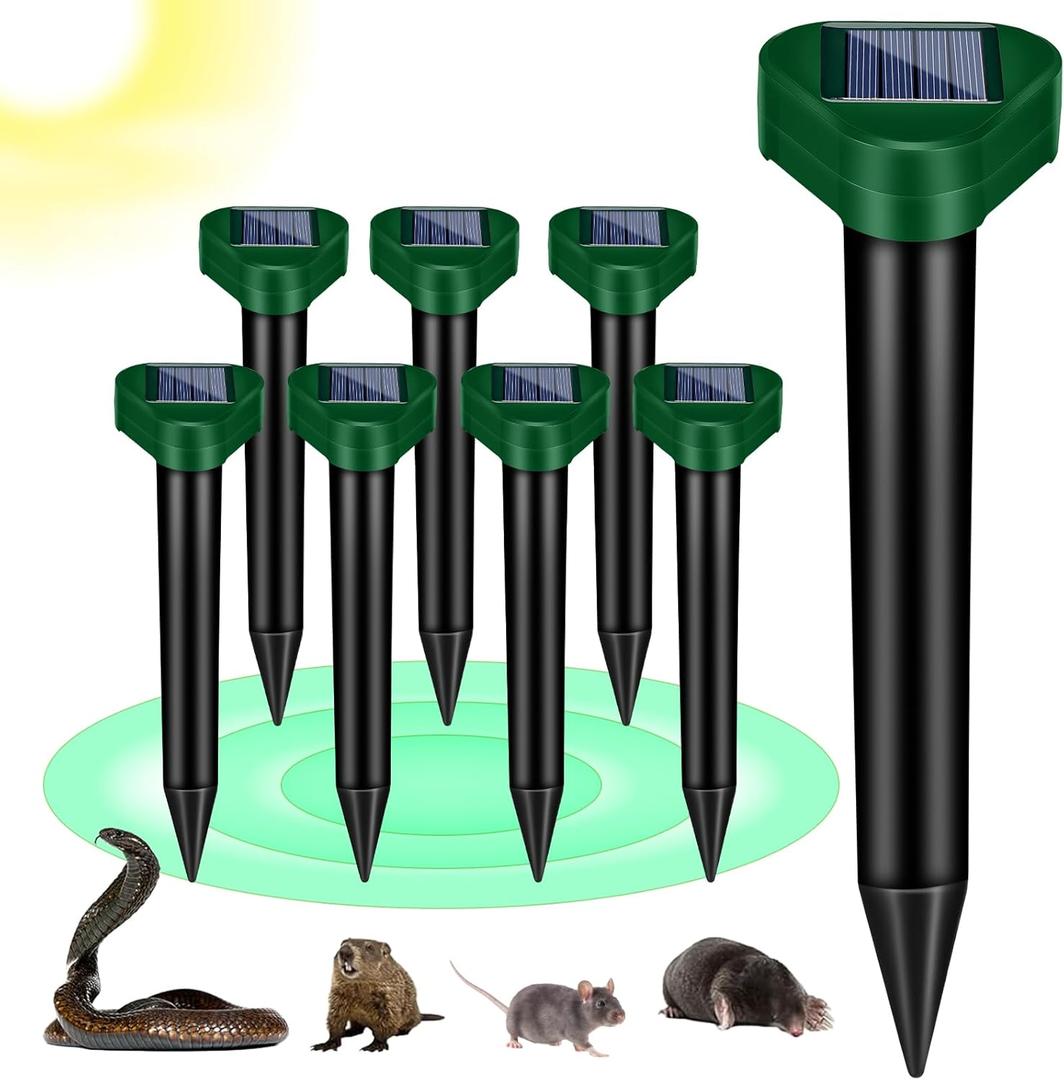 8Pack Rat Mole Repellent for Lawns, Solar Ultrasonic Groundhog Chipmunk Repeller Outdoor, Gopher Snake Repellent for Yard, Sonic Rodent and Vole Deterrent Spikes for Squirrel Armadillo Garden