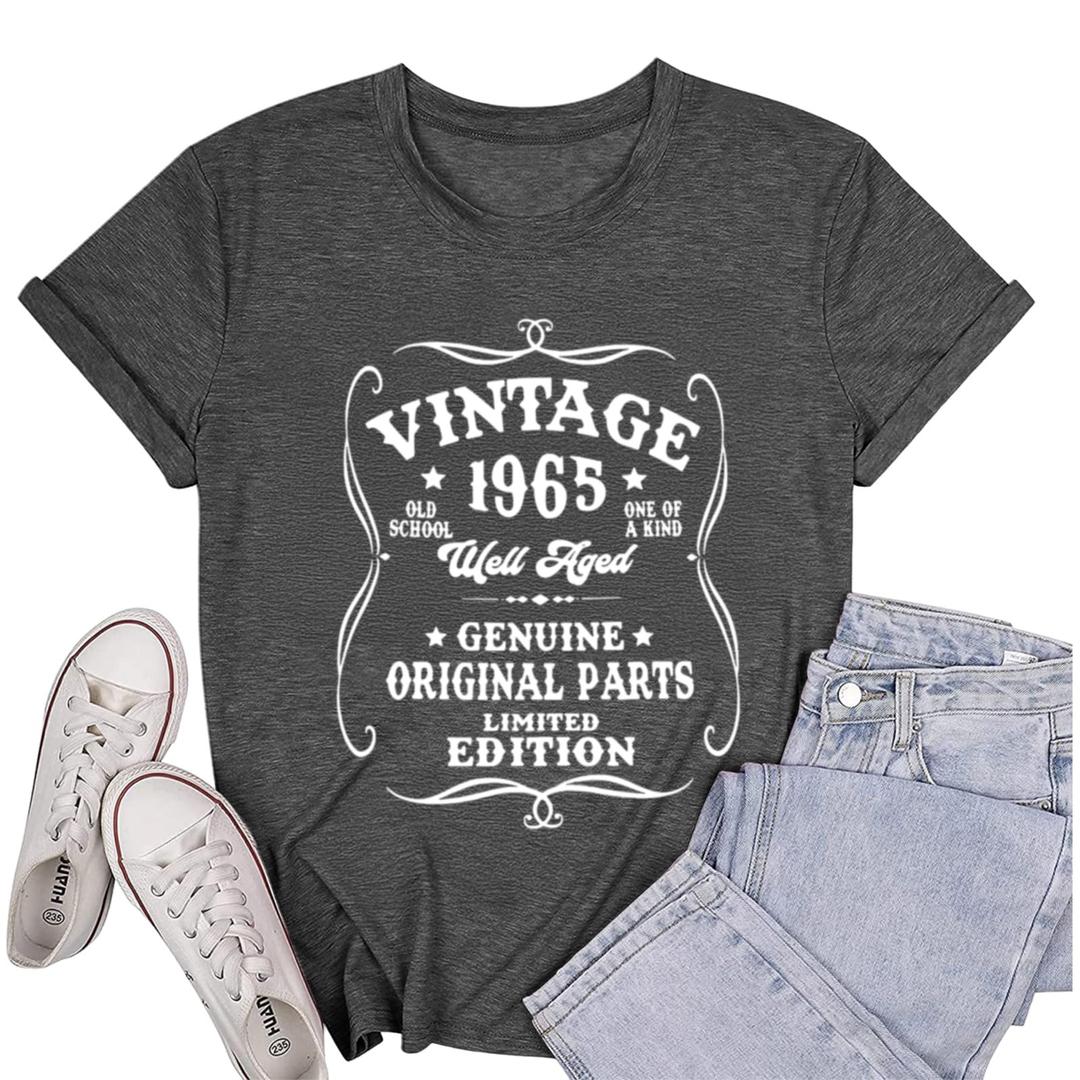 Migxsaf 61th Birthday Shirts for Women Vintage 1965 Sixty 61 Year Old Shirt Gifts Graphic Tee Retro Party Tshirts(Deep Gray,2XL)