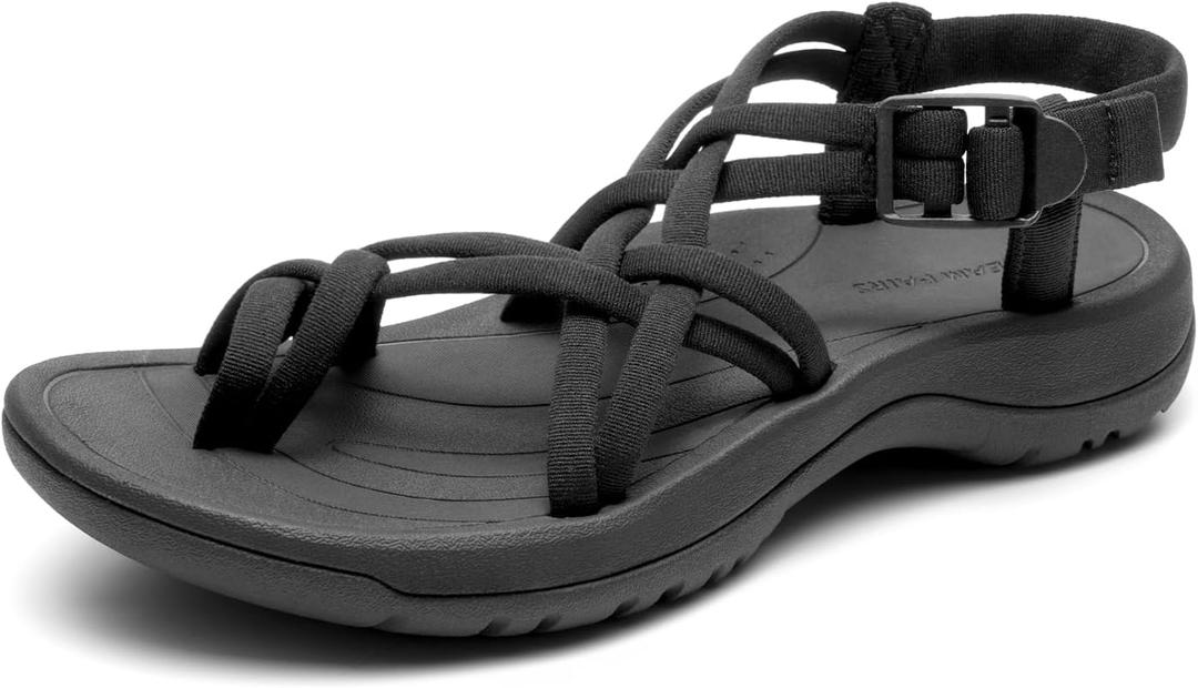 DREAM PAIRS Women's Walking Sandals With Arch Support Elastic Strap Summer Sport Athletic Casual Hiking Outdoor Sandal (Black, 8)