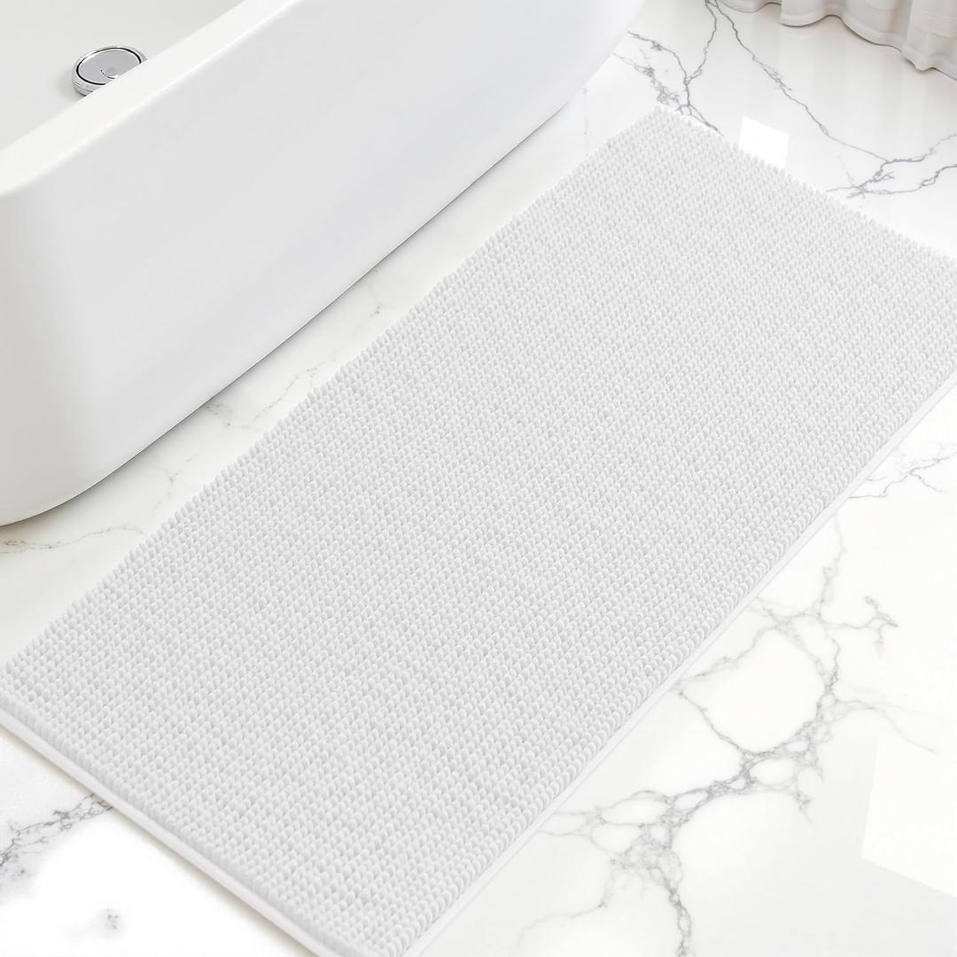 SUBRTEX Bathroom Rugs, 24" x 60" Chenille Bath Rug Soft Short Plush Bath Mat Soft Shower Mat Water Absorbent Shower Mat Quick Dry Machine Washable, White
