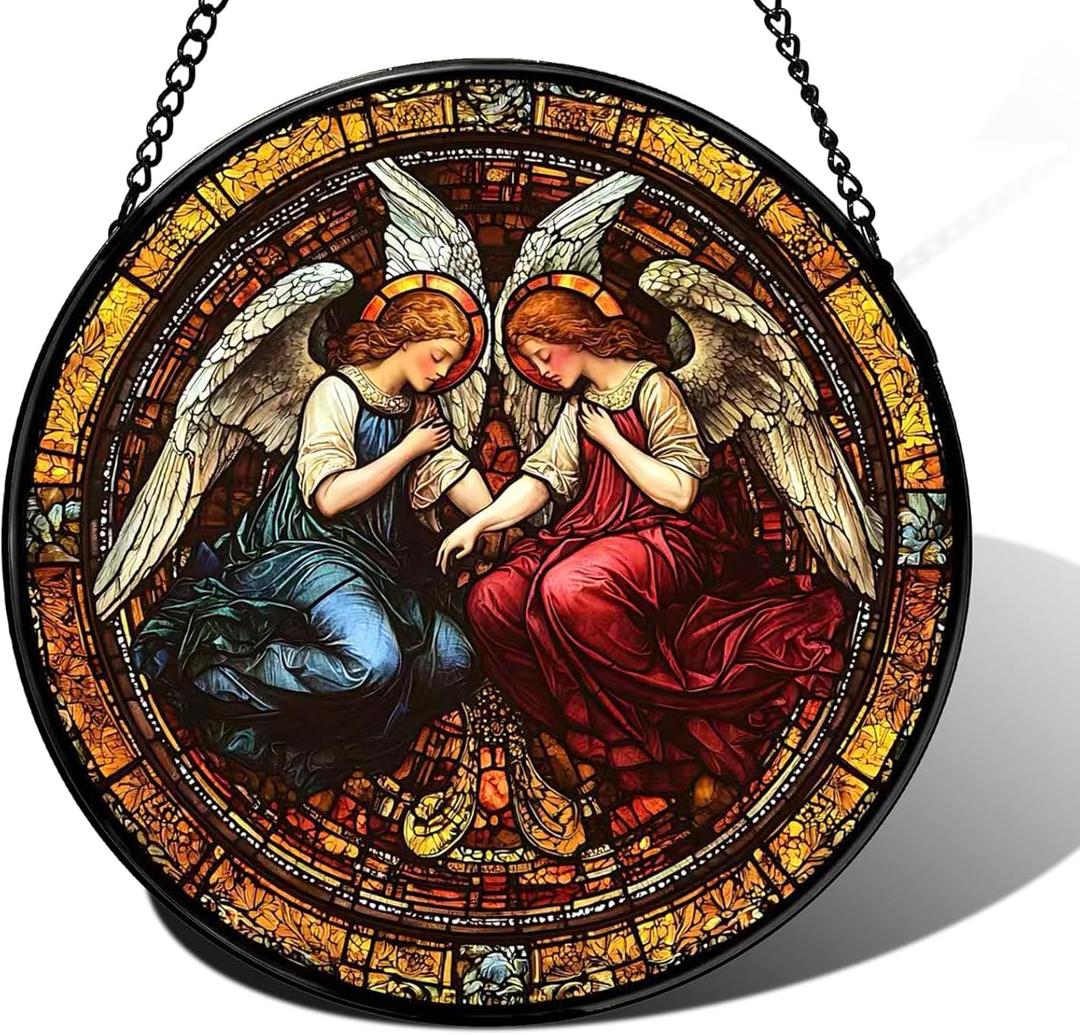 Round Angel Stained Glass Style Sun Catcher Window Hanging Decorative Panel for Home Window Light Catching Art Gift 7.8inch