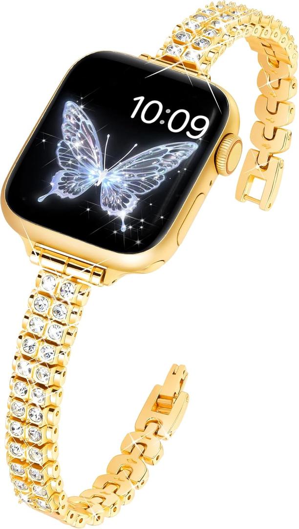 Slim Bling Band Compatible with Apple Watch Bands for Women 38mm 40mm 41mm 42mm 44mm 45mm 46mm 49mm, Diamond Metal Apple Watch Band for iWatch Bands Ultra 2/1 Series 10 9 8 7 6 5 4 3 2 1 SE