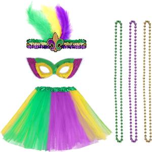 6 Pcs Mardi Gras Accessory Set Sequin Mardi Gras Mask Faux Feather Headband Beads Necklaces Puff Skirt for Women Carnival Outfit Costumes