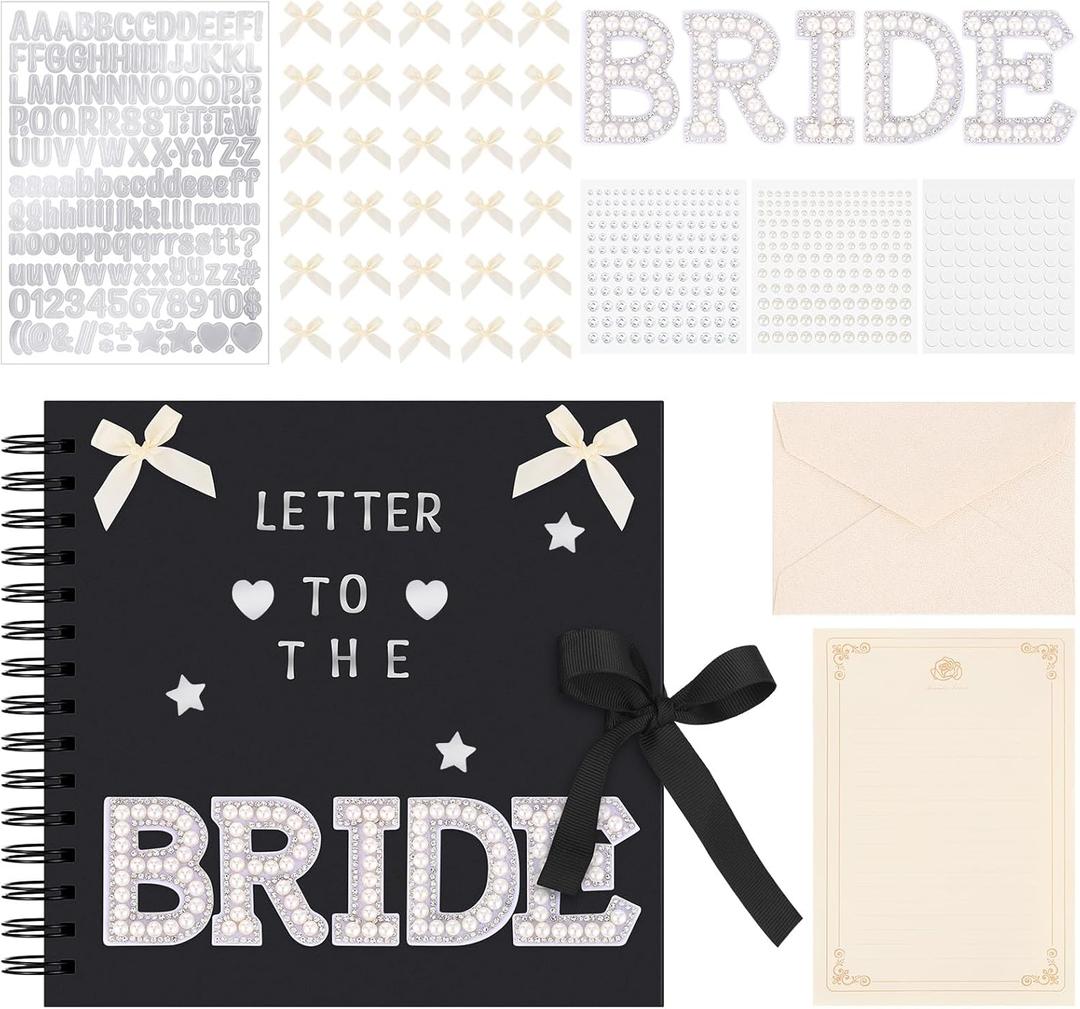 8 x 8 Inch Letters To The Bride Scrapbook DIY Wedding Memory Book Blank Pages Scrapbook Photo Album Bridal Guest Book Sign with Envelope, Letter Paper, Pearl Stickers, Bows, Metallic Letters (Black)