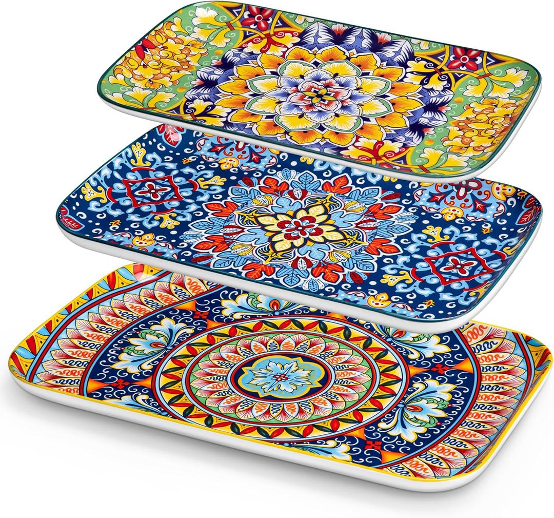 Vancasso Serving Platters Set of 3, 16"/14"/12" Inch Rectangular Trays Extra Large, Ceramic Bohemian Serving Dish for Entertaining Food, Microwave & Dishwasher Safe, Vintage