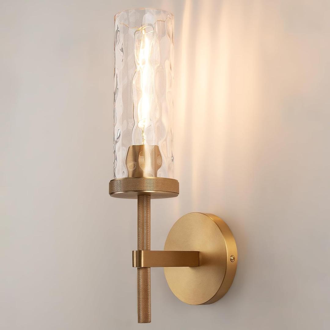 15" Knurled Brass Wall Sconce with Water Ripples Glass Tube, Gold Bathroom Vanity Light Fixtures, Modern Lamp Lighting for Bedroom, Living Room, Hallway, Staircase, Mirror, Kitchen