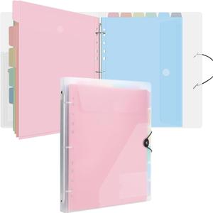 Uquelic A4 Binder, Folio Document Organizer with 12 Pockets, 3 Ring Folder Letter Size/A4, Cute Life Binder for Paper, Files, Photos, Letters, Cards(Clear-Macaron)