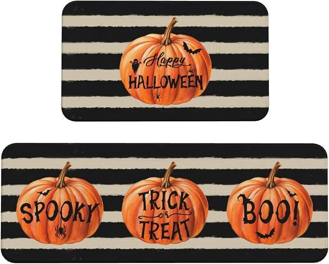Happy Halloween Pumpkin Kitchen Mat Sets of 2 Orange Black Striped Kitchen Rugs for Floor Home Decor Holiday Decoration Low-Profile Mats,17x29 and 17x47 Inch