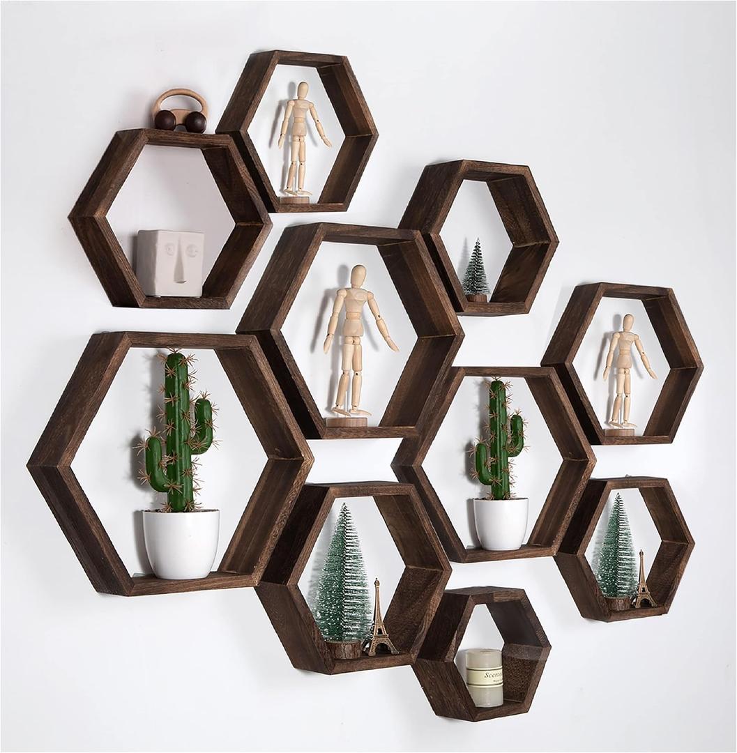 WONFUlity Hexagon Floating Shelves Honeycomb Shelves Wall Mounted Wood Farmhouse Storage Wall Shelf for Bathroom, Kitchen, Bedroom, Living Room, Driftwood Finish Decor, Dark Brown