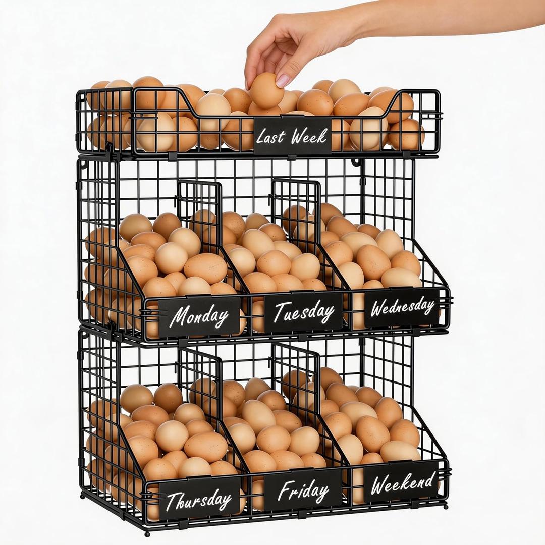 X-cosrack Egg Holder Countertop, 3 Tier Egg Rack with Labels Dividers to Separate Eggs, Stackable Wire Baskets for Fresh Egg, XXL Egg Dispenser for Countertop/Wall-Mounted (Patent Pending) (Black)