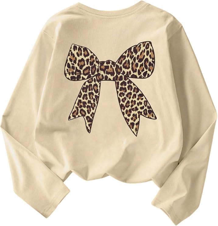 SOLY HUX Girl's Long Sleeve T Shirts Leopard Bow Graphic Tees Crew Neck Tops Fall Clothes Apricot Graphic 11Y