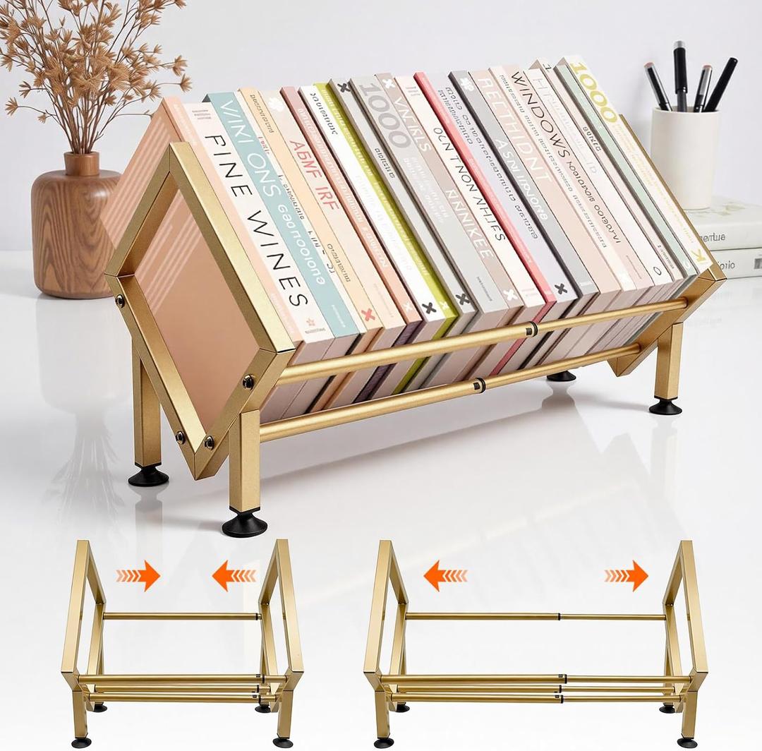 Expandable Desktop Bookshelf Organizer, Small Tabletop Book Storage Rack, Portable Mini Bookcase for Books/CDs/Magazine Display, Desk Shelf for Top of Desk in Living Room, Office, Home Decor (Gold)