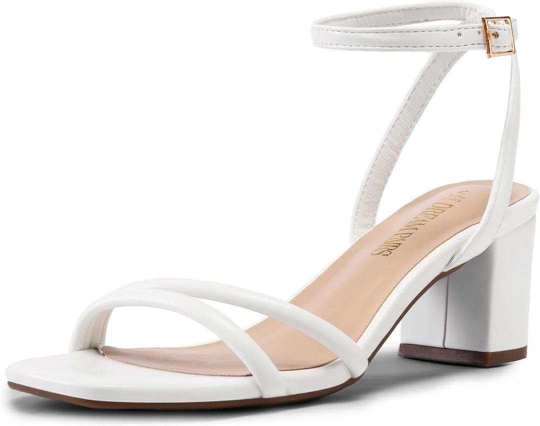 DREAM PAIRS Women's Chunky Strappy Heels Square Open Toe Ankle Buckle Low Heels Sandals for Daily Wedding Party Dress (8, White-pu)